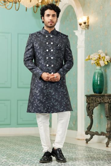 Beautiful Navy Blue Color Wedding Wear Readymade Indo Western For Men In Jacquard Silk Fabric
