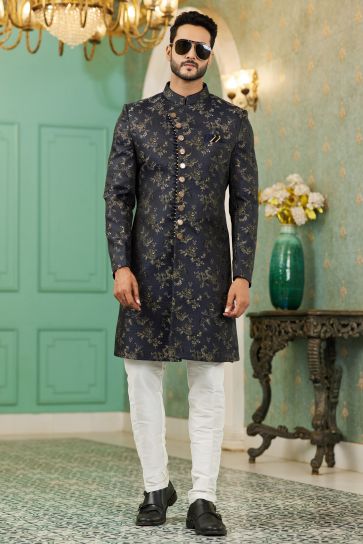 Reception Wear Attractive Jacquard Silk Readymade Men Indo Western In Navy Blue Color