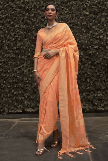 Marvelous Chinon Fabric Weaving Work Saree In Orange Color