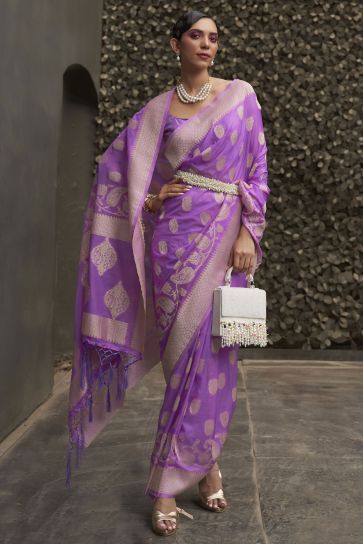 Excellent Chinon Fabric Purple Color Weaving Work Saree