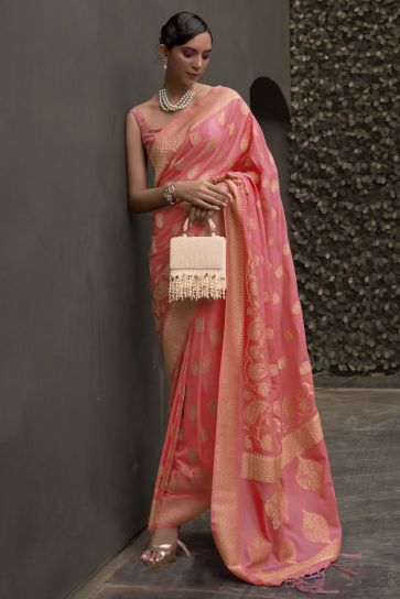 Beguiling Pink Color Chinon Fabric Weaving Work Saree