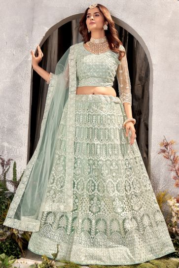 Net Fabric 3 Piece Lehenga Choli In Sea Green Color With Embroidery Work