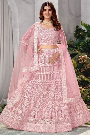 Pink Color Net Fabric Lehenga Choli With Embroidery Work