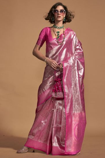 Pink Color Weaving Work Festive Wear Stylish Saree In Art Silk Fabric
