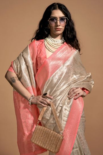 Alluring Peach Color Weaving Work Art Silk Saree