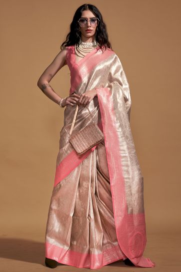 Alluring Peach Color Weaving Work Art Silk Saree