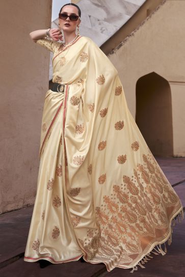 Beige Color Weaving Work Satin Silk Fabric Charming Look Saree