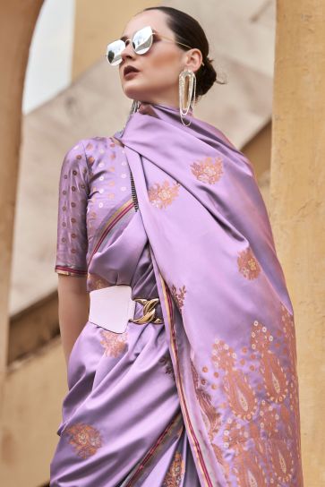 Lavishing Lavender Color Satin Silk Fabric Weaving Work Saree