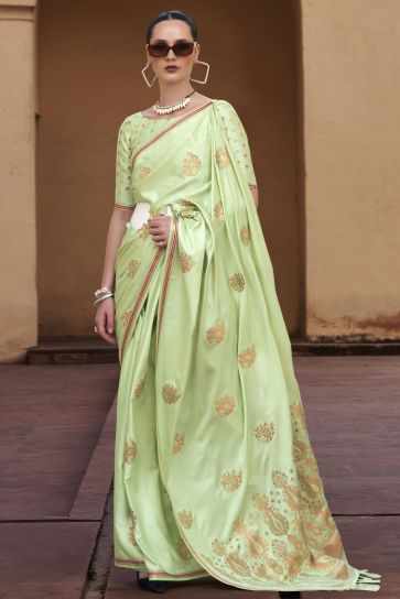Sea Green Color Satin Silk Fabric Weaving Work Party Wear Designer Saree