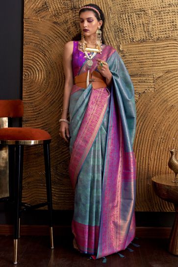 Art Silk Weaving Work Cyan Color Pretty Saree