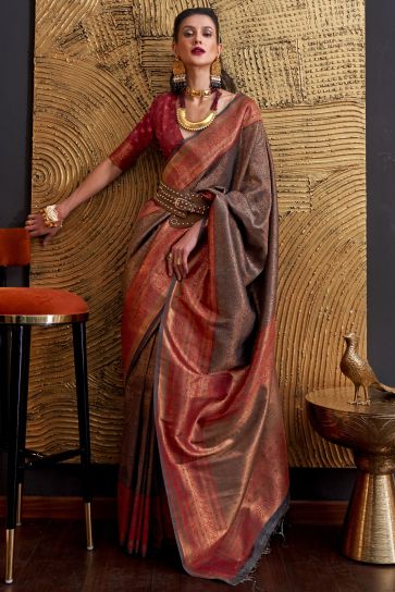 Engaging Brown Color Art Silk Weaving Work Saree