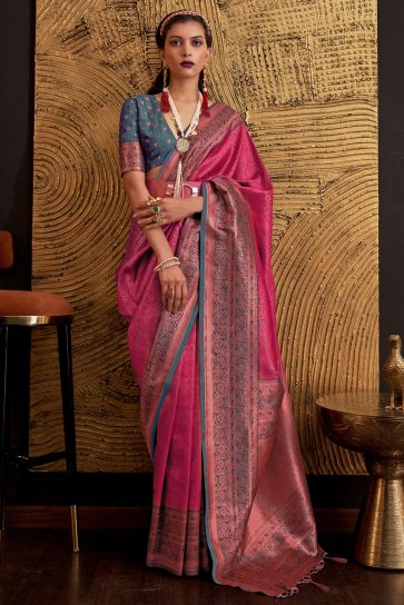 Dazzling Rani Color Weaving Work Art Silk Saree