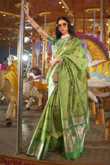 Lavishing Green Color Art Silk Fabric Weaving Work Saree