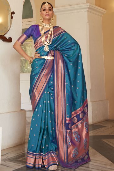 Festive Wear Paithani Silk Sky Blue Weaving Work Saree