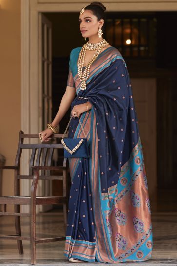 Navy Blue Paithani Silk Designer Saree For Wedding Function