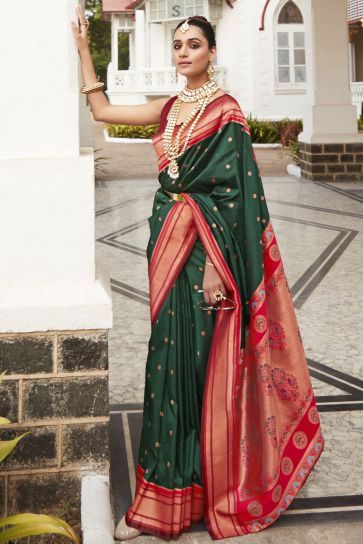 Delightful Dark Green Weaving Work Paithani Silk Function Wear Saree