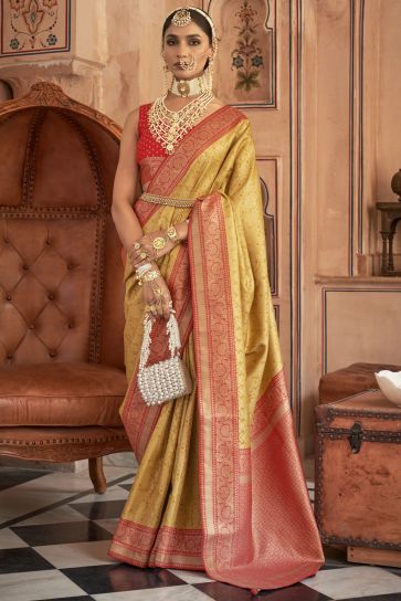 Beautiful Art Silk Fabric Yellow Color Weaving Work Saree