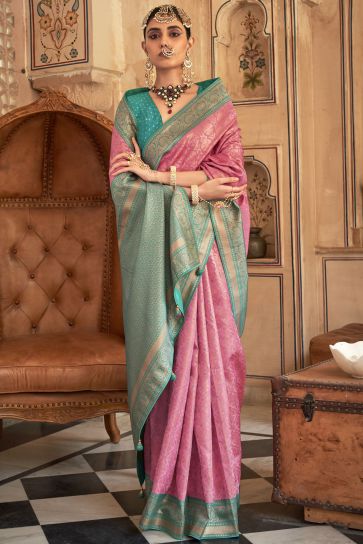 Exclusive Art Silk Fabric Pink Color Weaving Work Saree