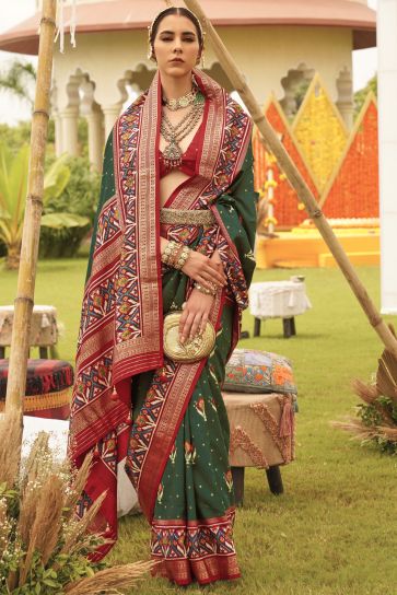 Patola Silk Dark Green Color Printed Festive Wear Designer Saree