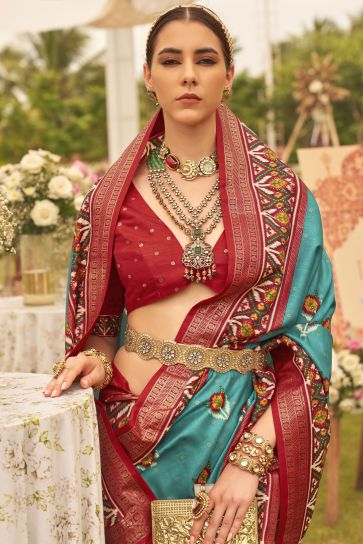 Cyan Color Printed Patola Silk Festive Wear Trendy Saree