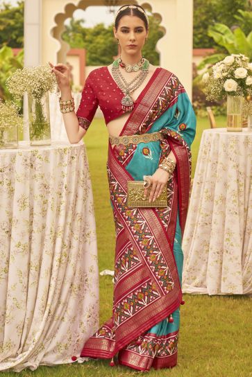 Cyan Color Printed Patola Silk Festive Wear Trendy Saree