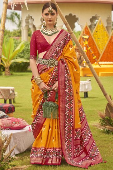 Patola Silk Printed Saree In Mustard Color