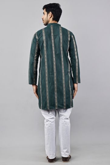 Cotton Fabric Teal Color Festive Wear Trendy Readymade Men Kurta Pyjama