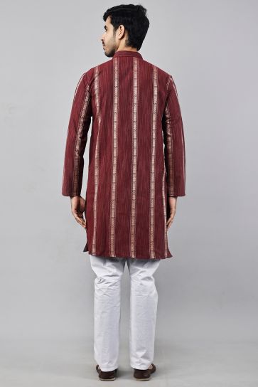 Maroon Color Sangeet Wear Cotton Fabric Designer Readymade Kurta Pyjama For Men