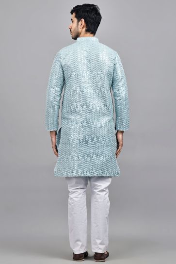 Stunning Light Cyan Color Art Silk Fabric Function Wear Readymade Kurta Pyjama For Men