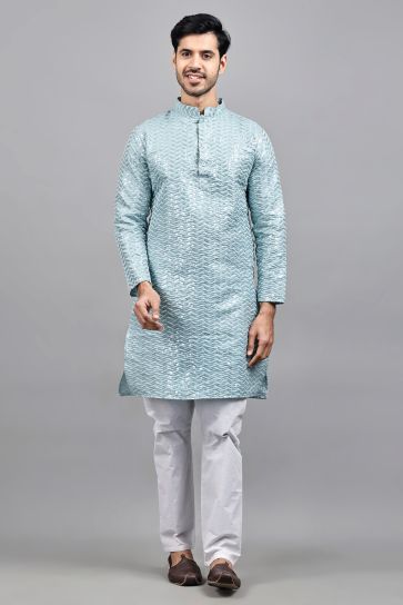 Stunning Light Cyan Color Art Silk Fabric Function Wear Readymade Kurta Pyjama For Men