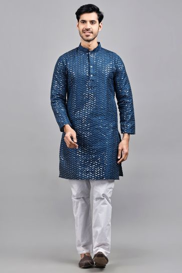 Art Silk Fabric Lovely Blue Color Festive Wear Readymade Kurta Pyjama For Men