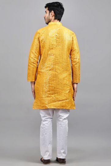 Orange Color Art Silk Fabric Sangeet Wear Pretty Readymade Kurta Pyjama For Men