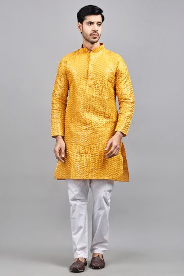 Orange Color Art Silk Fabric Sangeet Wear Pretty Readymade Kurta Pyjama For Men