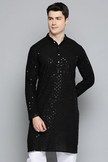 Rayon Fabric Black Color Festive Wear Readymade Men Stylish Kurta Pyjama