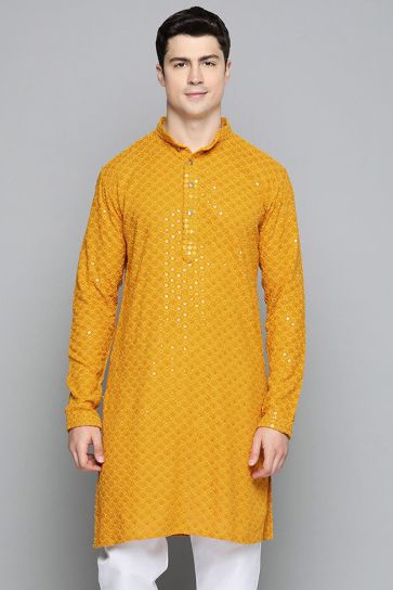 Rayon Mustard Color Wedding Wear Readymade Designer Men Kurta Pyjama