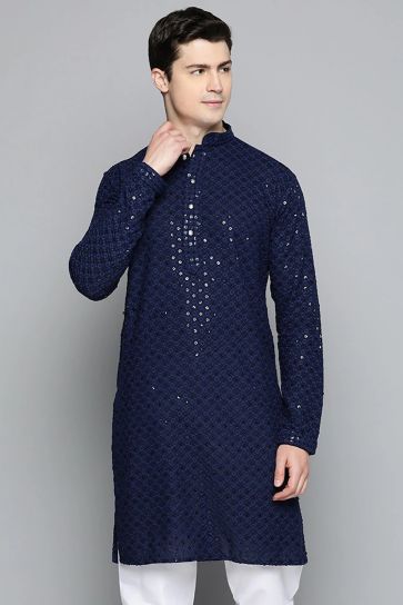 Gorgeous Navy Blue Color Rayon Fabric Reception Wear Readymade Kurta Pyjama For Men