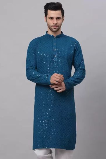 Rayon Fabric Stunning Teal Color Function Wear Readymade Men Kurta Pyjama