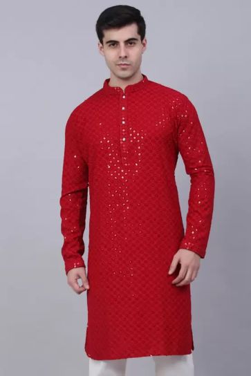 Red Color Rayon FabricFestive Wear Readymade Lovely Kurta Pyjama For Men