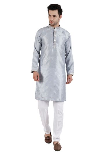 Function Wear Grey Color Art Silk Fabric Beautiful Readymade Kurta Pyjama For Men