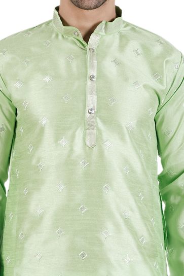 Art Silk Fabric Sea Green Color Ethnic Readymade Men Kurta Pyjama