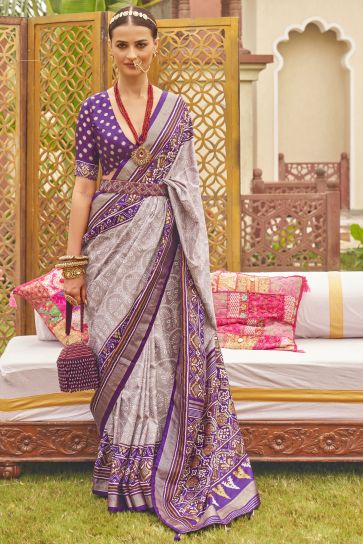 Lavender Color Printed Patola Art Silk Fabric Saree