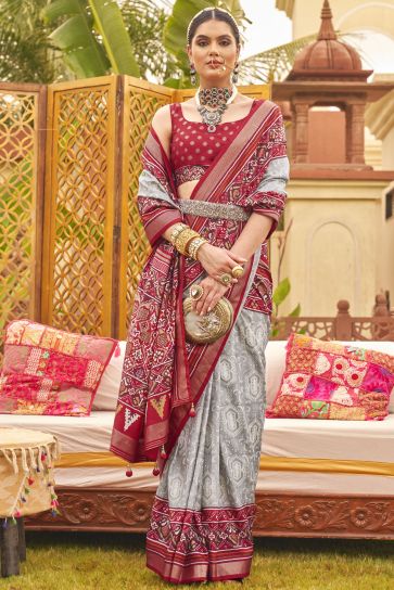 Grey Color Function Wear Trendy Printed Patola Saree In Art Silk Fabric