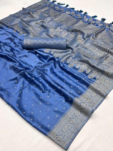 Satin Silk Fabric Weaving Work Saree In Blue Color