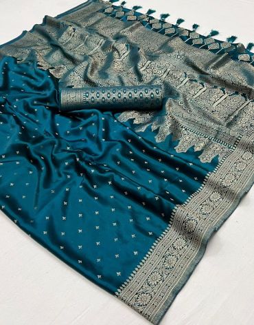 Satin Silk Fabric Teal Color Weaving Work Saree