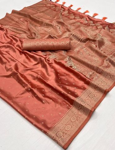 Peach Satin Silk Fabric Fancy Weaving Work Saree