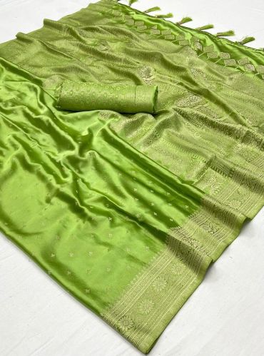 Green Exclusive Weaving Work Satin Silk Fabric Sarees