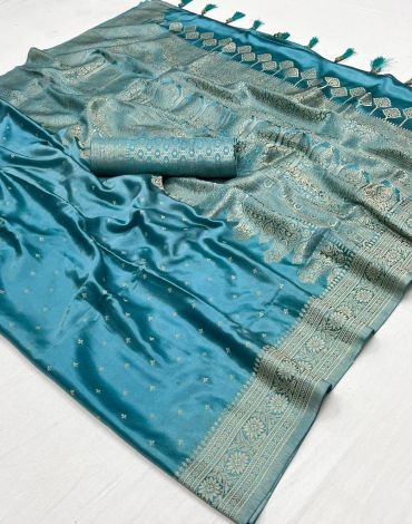 Attractive Sky Blue Weaving Work Satin Silk Fabric Designer Saree