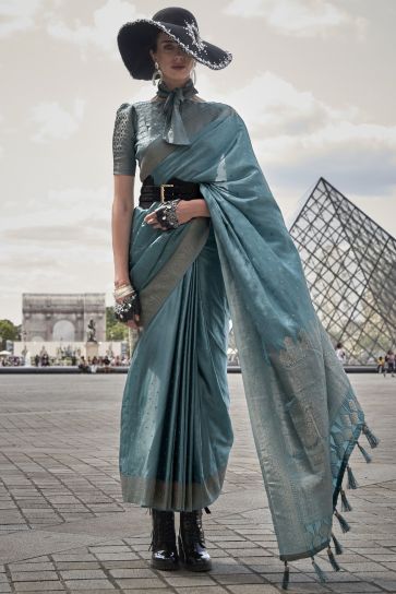 Attractive Sky Blue Weaving Work Satin Silk Fabric Designer Saree