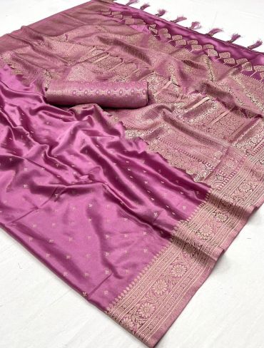 Delightful Pink Weaving Work Satin Silk Fabric Party Wear Saree