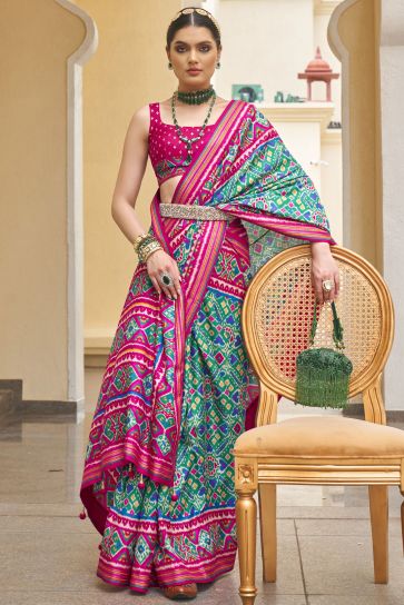 Cyan Color Printed Patola Silk Function Wear Saree